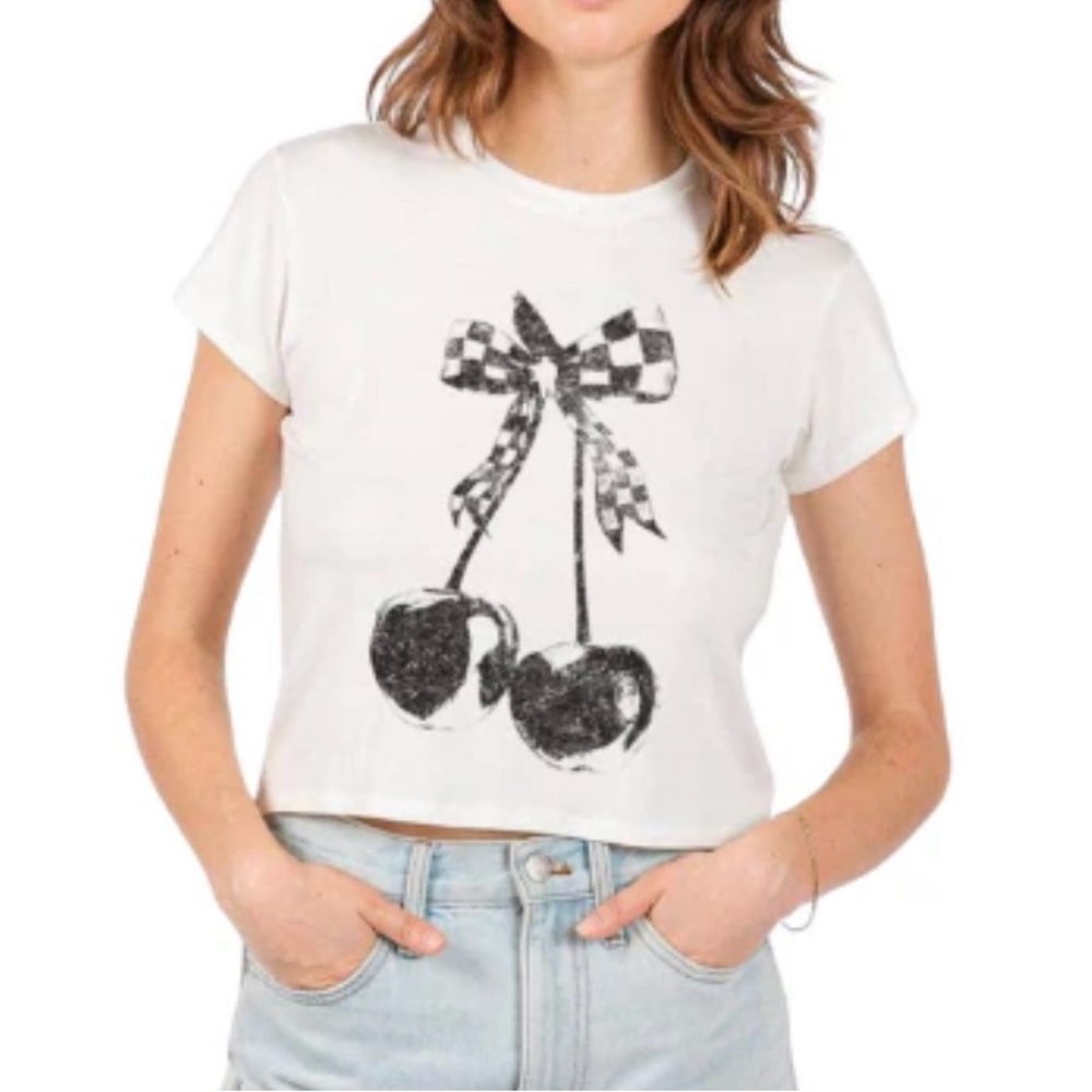 White Graphic Crop Top with Cherry Design
